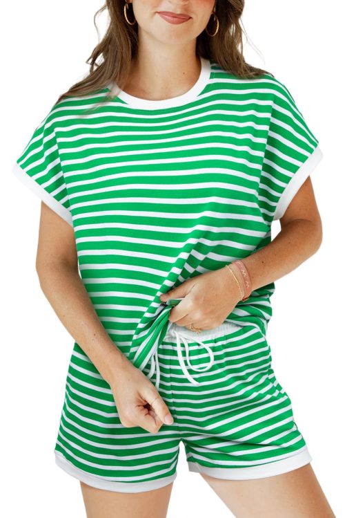 Women's Dark Green Striped Cap Sleeve Tee and Shorts Set - Casual Two Piece Outfit