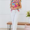 Women's Pink Abstract Printed Ruffled Flutter Sleeve Tied Split V Neck Blouse - Image 8