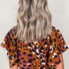 Women's Orange Leopard Printed Draped Short Sleeve Slit V Neck Blouse - Image 2