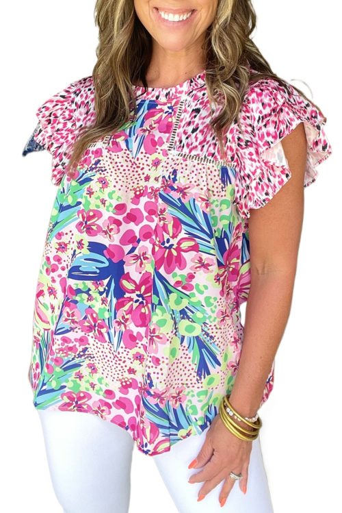 Women's Pink Floral Mixed Print Ruffle Cap Sleeve Blouse for Stylish Summer Wear