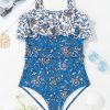 Women's Sky Blue Floral Printed Ruffle One Piece Swimsuit with Removable Straps - Image 12