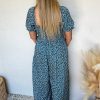 Women's Blue Vintage Boho Floral Smocked Wide Leg Jumpsuit with Puff Sleeves - Image 3