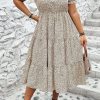 Women's Plus Size Beige Leopard Print Frill Trim Short Sleeve Flared Midi Dress - Image 3