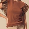 Stylish Cinnamon Leather Ruffle Sleeve Blouse with Round Neck - Elegant Solid Color Top - Image 2