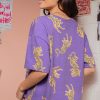 Women's Purple Allover Tiger Print Loose T-Shirt with Patch Pocket - Image 2