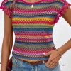 Women's Rose Red Jacquard Textured Tasseled Cap Sleeve Top - Bohemian Style - Image 6