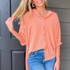 Women's Grapefruit Orange Corded Half Sleeve Button Up Shirt with High Low Hem - Image 3