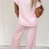 Women's Light Pink Textured Short Sleeve Henley Top & Pocketed Wide Leg Pants Set - Image 2