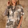 Women's Khaki Western Cowboy Print Cuffed Sleeve Crewneck T-Shirt - Image 5