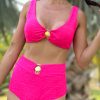 Women's Rose Red Wire-Free Knotted Bikini Swimsuit with Gold Shell Decor - 2pcs Set - Image 8