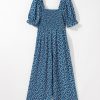 Women's Blue Vintage Boho Floral Smocked Wide Leg Jumpsuit with Puff Sleeves - Image 8