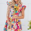 Women's Pink Abstract Printed Ruffled Flutter Sleeve Tiered Mini Dress - Image 6