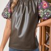 Women's Four Leaf Clover Floral Bubble Sleeve Patchwork Faux Leather Frilled Round Neck Blouse - Image 2