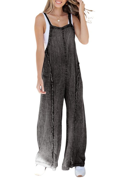 Women's Dark Grey Light Wash Frayed Exposed Seam Wide Leg Denim Overall - Vintage Style Jumpsuit