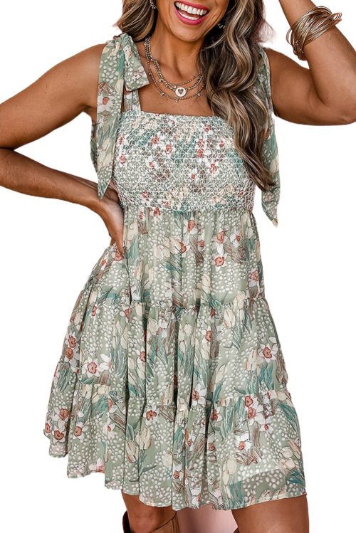 Women's Gray Floral Knotted Strap Smocked Tiered Ruffle Mini Dress - Chic and Playful Design