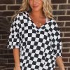 Plus Size Women's Black Checkered Pattern Tee and Shorts Two Piece Set - Image 2