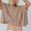 Women's Khaki Stripe Batwing Sleeve Oversized Crewneck Top for Casual Wear - Image 3