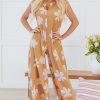 Women's Khaki Floral Print Sleeveless Button Up Wide Leg Loose Jumpsuit - Image 3