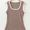 Women's Smoke Gray Ribbed Knit U Neck Slim Fit Tank Top with Colorblock Design - Image 4