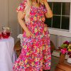 Women's Plus Size Pink Floral Print V Neck Pocketed High Waist Midi Dress - Image 12