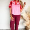 Women's Pink Floral Embroidered Notch V Neck Puff Sleeve Babydoll Blouse - Image 4