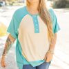 Plus Size Mint Green Color Block Raglan Sleeve Buttoned T-Shirt for Women - Image 7