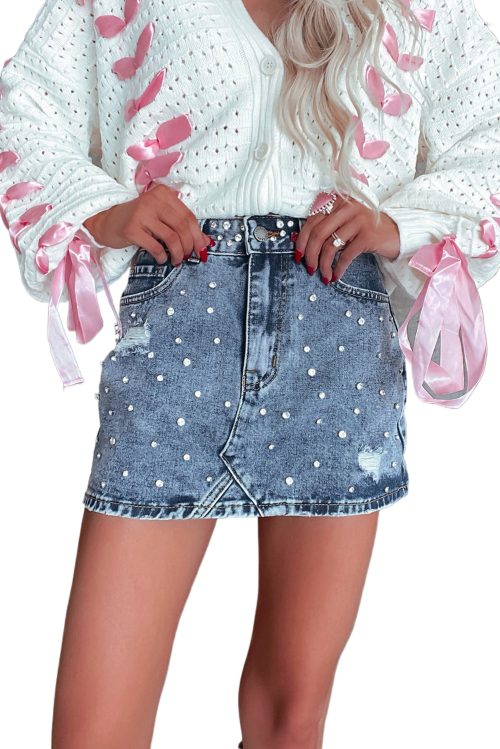 Women's Dusk Blue Rhinestone Distressed Denim High Waist Mini Skirt