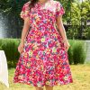 Women's Plus Size Pink Floral Print V Neck Pocketed High Waist Midi Dress - Image 5