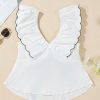 Women's Elegant White Contrast Bow Ruffle Trim V Neck Blouse - Image 8