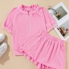 Chic Women's Pink Half Zip Puff Sleeve Top with Ruffled Shorts Set - Image 11