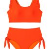 Women's Plus Size Orange Ruffled Trim Knotted High Waist Bikini Set - Image 29