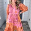 Plus Size Pink Boho Paisley Floral Mixed Patchwork Midi Dress with Tassel Tie - Image 3