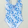 Women's Blue Floral Ruffled Strap Lace-Up Hollow Out One Piece Swimsuit - Image 12