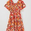 Women's Plus Size Orange Floral V Neck Flutter Sleeve Dress - Cinched Waist for Flattering Fit - Image 11