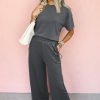 Women's Dark Grey Drawstring Side Crewneck Tee and Loose Pants Set - Casual Summer Outfit - Image 3