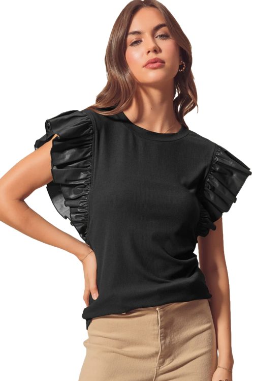 Women's Black Leather Ruffle Sleeve Blouse - Elegant Round Neck Top