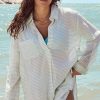 Women's White Stripe Collared V Neck Long Sleeve Beach Cover-Up with Chest Pocket - Image 2