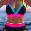 Women's Black Color Block Drawstring Side V Neck High Waist Bikini Set - Image 10