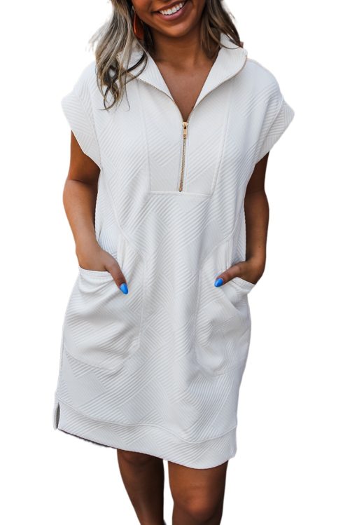 Women's White Textured Half Zip Collared Cap Sleeve Mini Dress with Pockets