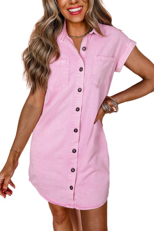 Women's Pink Short Sleeve Denim Shirt Dress with Double Chest Pockets