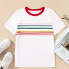 Women's White Rainbow Stripe Print Contrast Crewneck T-Shirt - Casual Summer Style - Image 6