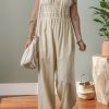 Women's Beige Ruched High Waist Sleeveless Wide Leg Jumpsuit - Chic and Versatile Summer Style - Image 3