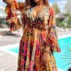 Women's Pink Floral Print Flared Sleeve Ruffled Hem Tunic Dress - Elegant V Neck High Waist Bohemian Style - Image 5