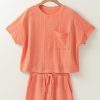 Stylish Pale Chestnut Textured Patched Pocket Short Sleeve Top & Drawstring Shorts Set for Women - Image 7