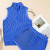 Women's Sky Blue Corded Collared Half Zip Tank Top and Pocketed Shorts Set - Image 5