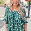 Plus Size Green Floral Print Square Neck Blouse with Ruffled Trim - Image 5