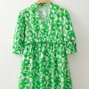 Elegant Green Floral Print Puff Half Sleeve V Neck Babydoll Dress for Women - Image 5