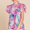 Women's Pink Floral Mixed Print Ruffle Cap Sleeve Blouse for Stylish Summer Wear - Image 6