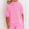 Chic Women's Pink Half Zip Puff Sleeve Top with Ruffled Shorts Set - Image 2