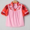 Women's Pink Floral Embroidered Notch V Neck Puff Sleeve Babydoll Blouse - Image 7